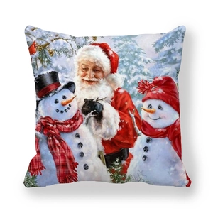 Christmas pillow cover with Santa and snowmen design on soft peach skin fabric