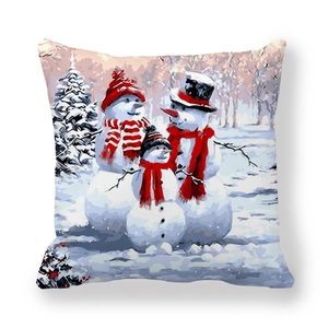 Christmas snowman family print square pillowcase in thick peach skin fabric with red scarf