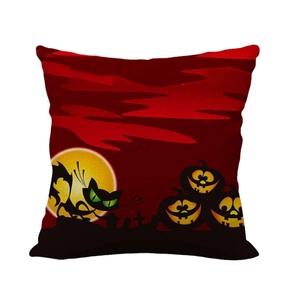 Funda de cojín de lino para Halloween con gato enfadado, calabazas y diseño de luna llena