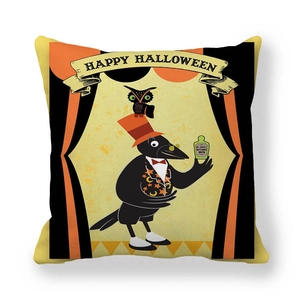 Macro shot of Halloween pillowcase featuring vintage raven, owl and Witches Brew graphic