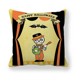 Detail view of Halloween peach skin pillowcase with skull and Happy Halloween design