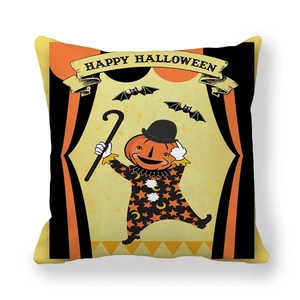 Close-up of vintage Halloween pumpkin character print on thick peach skin pillowcase