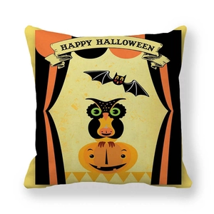 Detail of Halloween peach skin pillow cover with pumpkin, owl, and bat prints