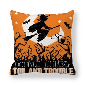Halloween decorative pillowcase featuring a witch flying across the moon with quote