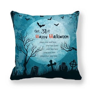 Detail of Halloween pillowcase featuring a moonlit graveyard and Happy Halloween text