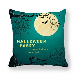 Detail of Halloween throw pillow case featuring moon, castle, and bat on peach skin fabric