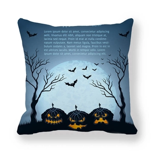 Detail of Halloween pillowcase featuring pumpkin lanterns and bat silhouettes on blue fabric