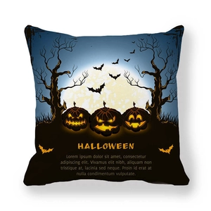 Halloween throw pillow cover featuring a glowing full moon, spooky castle and orange pumpkins