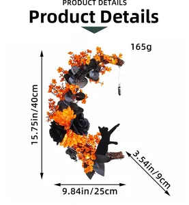 Detailed Halloween crescent moon wreath with black cat silhouette and size dimensions