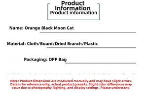 Detail specifications of orange and black moon cat Halloween wreath showing materials used