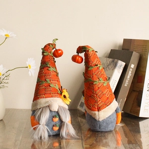 Harvest gnome plush with pumpkin leaf hat and knit textures for home decor