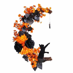 Halloween moon wreath with orange flowers, black cat silhouette and LED light decor