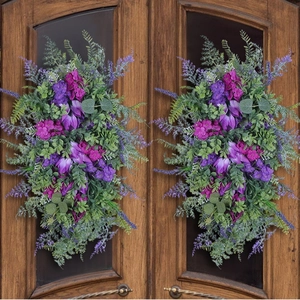 Set of two purple tulip and lavender artificial flower door wreaths for home decoration