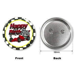 Badges d'anniversaire de 58mm thème voiture de course avec texte Happy Birthday pour fête