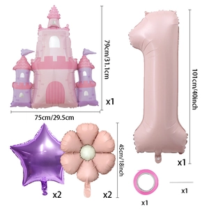 Pastel pink and purple princess castle balloon set with 40-inch number 1 for birthday