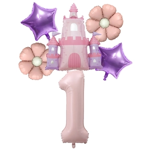 Detailed set of pink castle and number 1 foil balloons for 1st birthday party decor