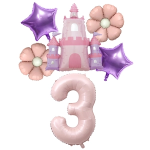 Pink and purple 40-inch number 3 princess castle foil balloon set for birthday party décor