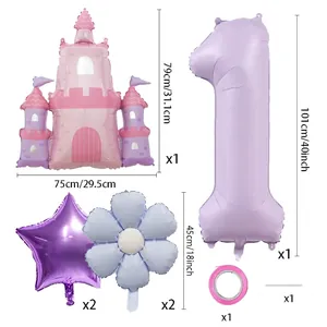 Princess castle balloon set with 40-inch number 1 for girls birthday party decoration