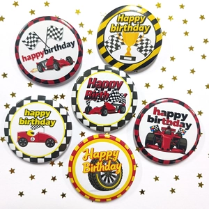 Lot de 6 badges d'anniversaire thème course automobile en fer-blanc avec drapeaux à damier