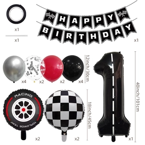 Kit déco anniversaire voiture de course avec bannières damier et grand ballon chiffre 1