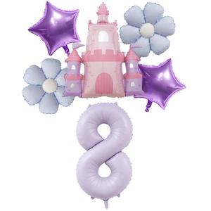 Pastel purple number 8 balloon set with pink princess castle and blue flower accents