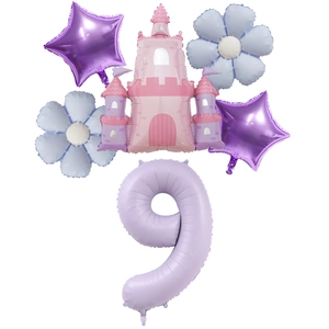 Detail of 6-piece birthday balloon set with number 9 and pastel princess castle foil balloons