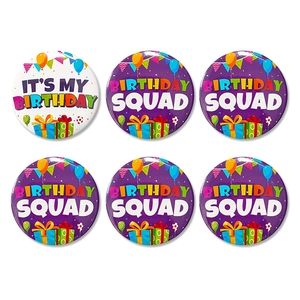 Detailed set of 6 birthday tinplate badges featuring Birthday Squad and It's My Birthday themes