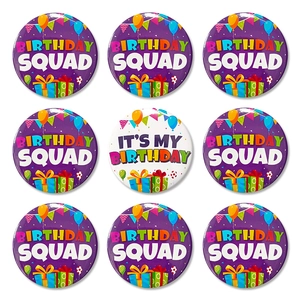 Set of 9 colorful birthday squad and it's my birthday badges for party decorations