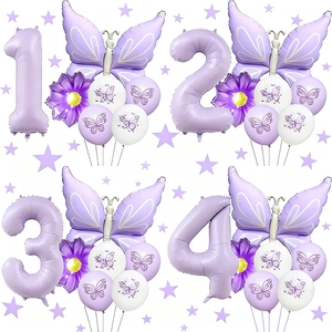 Macro detail of purple butterfly party set including foil number and latex balloons