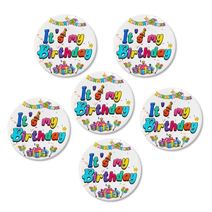 Set of five 58mm tinplate badges with colorful It's my Birthday text and party elements