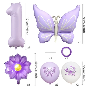 Purple matte butterfly party balloon set with 40-inch number one and daisy accents