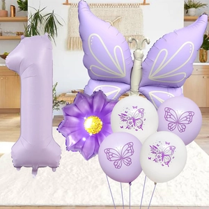 Purple first birthday balloon set with butterfly, daisy and number one foil decorations