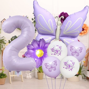 Purple butterfly party balloon set with large number 2 and floral print decorations