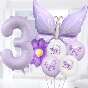 Detail of lavender party set including number 3 foil balloon and purple butterfly balloons