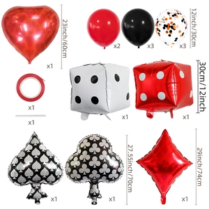 Detail of casino party balloon set including poker heart, spade and dice foil balloons