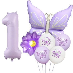 Purple butterfly and number one balloon set for first birthday party decoration