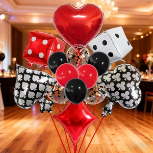 Casino theme foil balloon set with poker suits and dice designs for Vegas party decor
