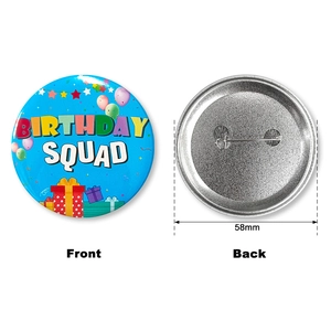 Detailed front and back view of a 58mm tinplate Birthday Squad pin badge with safety pin