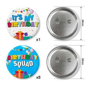 Detailed 58mm tinplate badges showing It's My Birthday and Birthday Squad designs