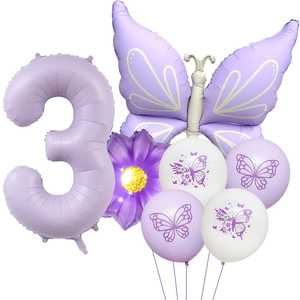 Matte purple butterfly balloon set with 40-inch number 3 and daisy balloons for birthday