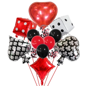 Casino theme party balloon set with dice foil balloons and poker suits for Las Vegas decor
