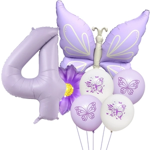 Purple butterfly party set with 40-inch number 4 balloon and floral latex balloons