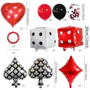 Detailed view of casino theme party balloon set with dice and playing card suit designs