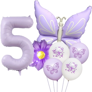 Purple birthday set with number 5 balloon, butterfly foil and daisy flower decorations