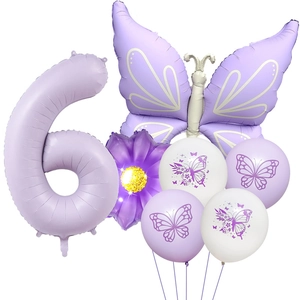 Set of lavender purple number 6 balloon with butterfly and daisy floral balloons for birthdays