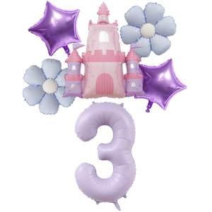 Pastel purple number 3 balloon set with pink castle and daisies for girls 3rd birthday