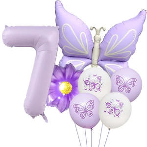 Purple butterfly balloon set with number 7 and daisy balloons for 7th birthday decor