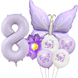 Detail of purple number 8 balloon set with butterfly foil and floral daisy motifs