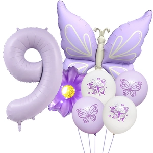 Detail view of purple party balloon set featuring number 9, butterfly, and daisy shapes