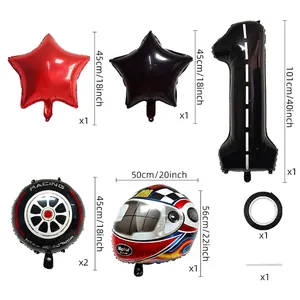 Kit ballons anniversaire course avec chiffre 1 de 40 pouces, pneu, casque et étoiles